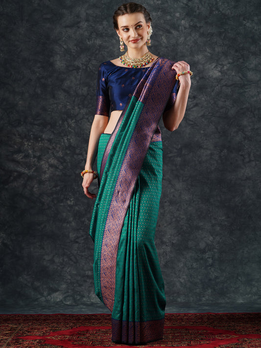 Teal Banarasi Silk Saree with Purple Zari Border & Blouse