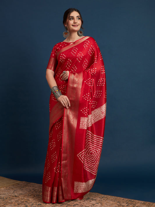 Crimson Red Bandhani Silk Saree