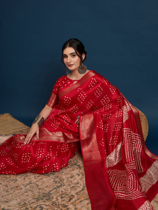Crimson Red Bandhani Silk Saree