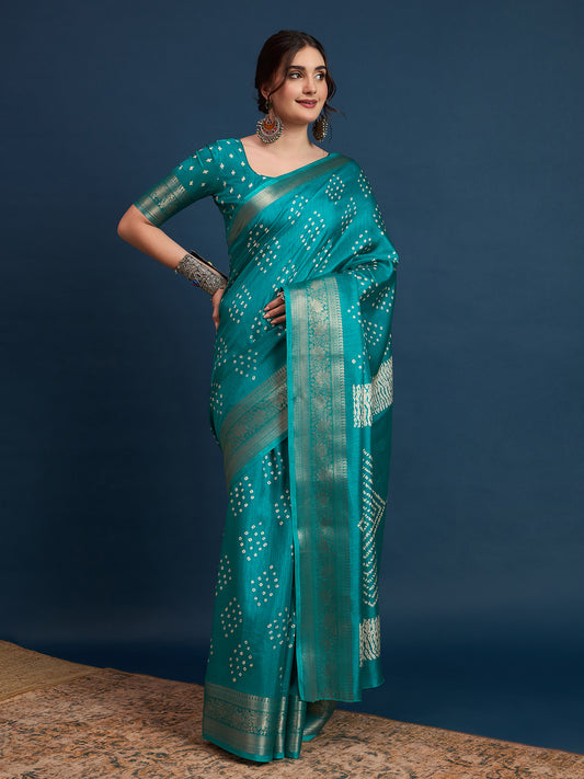 Teal Green Bandhani Silk Saree