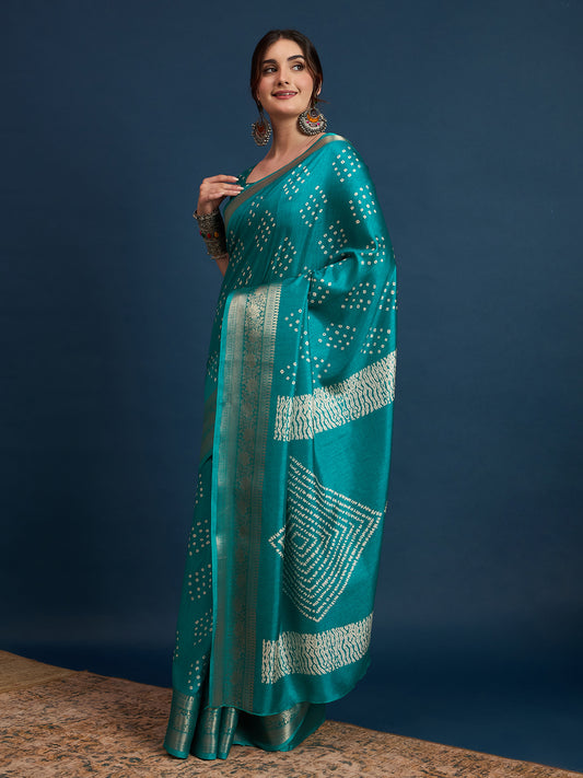 Teal Green Bandhani Silk Saree
