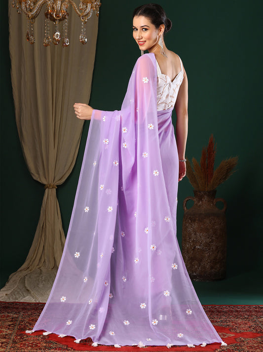 Georgette Saree with Floral Butti Embroidery & Contrast Blouse