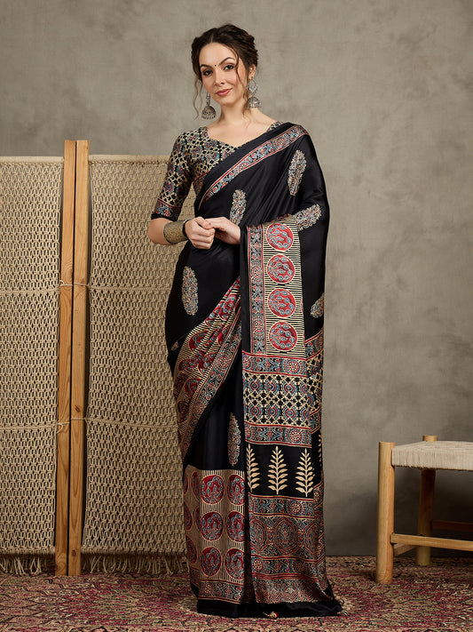 Classic Black-Red Printed Ajrakh Pallu Saree