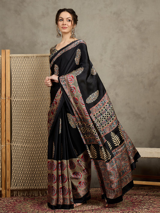 Classic Black-Red Printed Ajrakh Pallu Saree