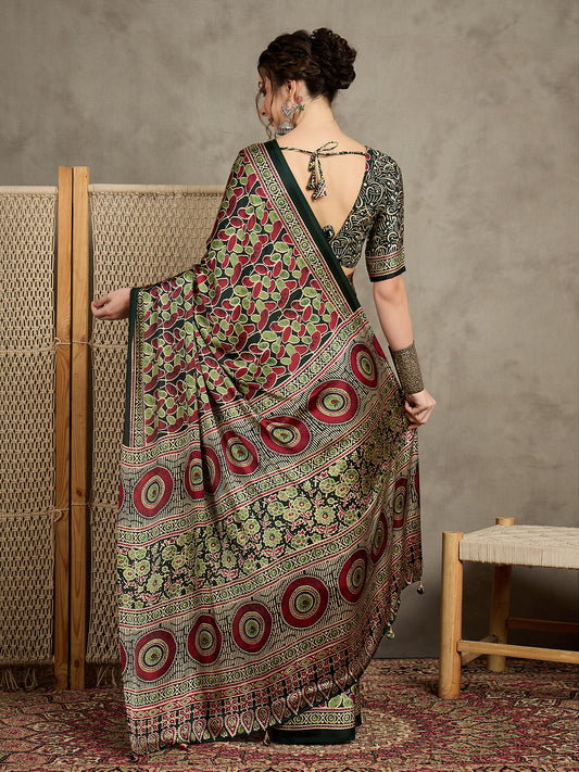 Elegant Black & Maroon Designer Printed Saree