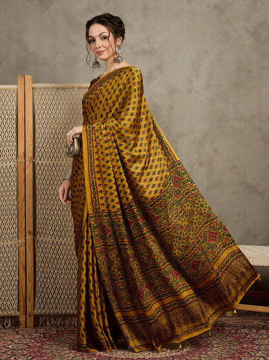 Classic Golden Mustard Printed Saree