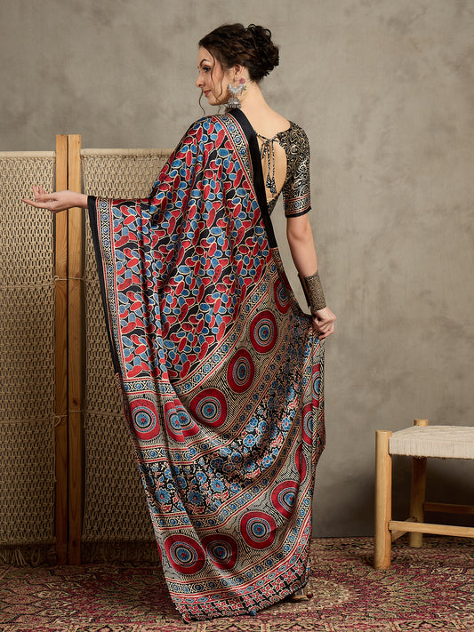 Ajrakh Pallu Saree with Black Printed Blouse