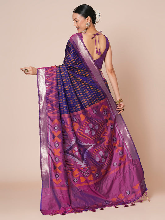 Purple and Navy Blue Patola Silk Ikat Weave saree