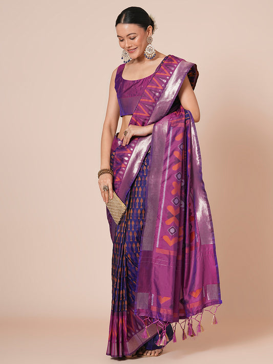 Purple Silk Blend Ikat Geometric Weaving Silver Zari Border Tassels Saree