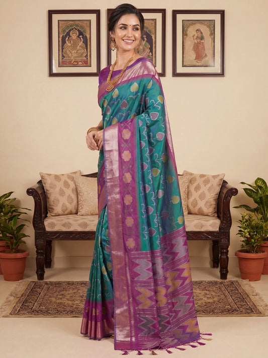 Teal Green & Purple Banarasi Silk Ikat Print Festive Saree