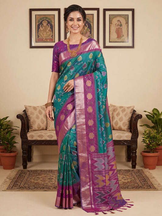 Teal Green & Purple Banarasi Silk Ikat Print Festive Saree