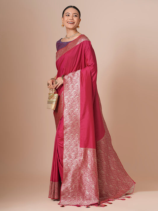 Deep Raspberry Pink Banarasi Pure Silk Saree