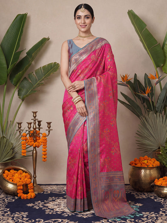Hot Pink Silk Blend Saree