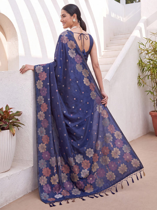 Royal Navy Floral Print Silk Blend Saree