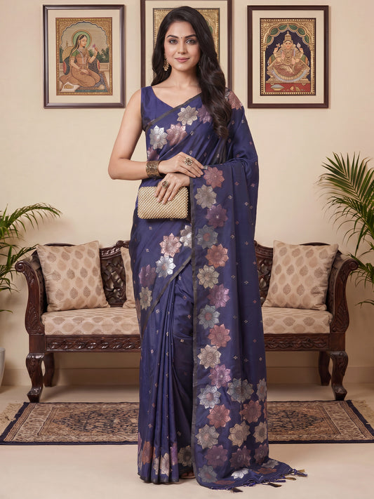 Navy Blue Floral Woven Art Silk Saree