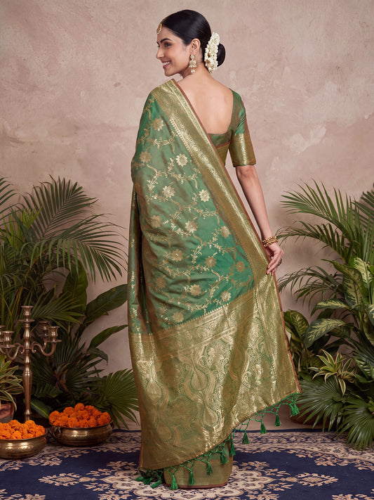 Olive Green Silk Blend Saree