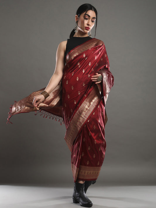 Deep Crimson-Maroon Pure Banarasi Katan Silk Saree