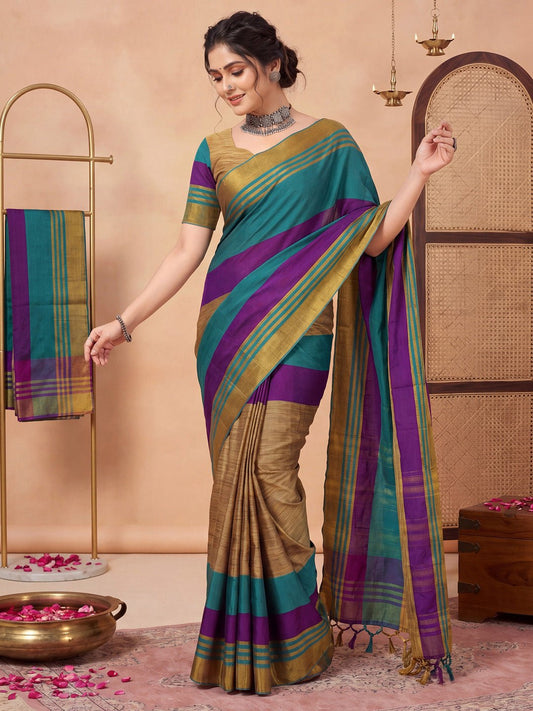 Teal Blue & Purple Cotton Silk Woven Striped Saree - Ressa