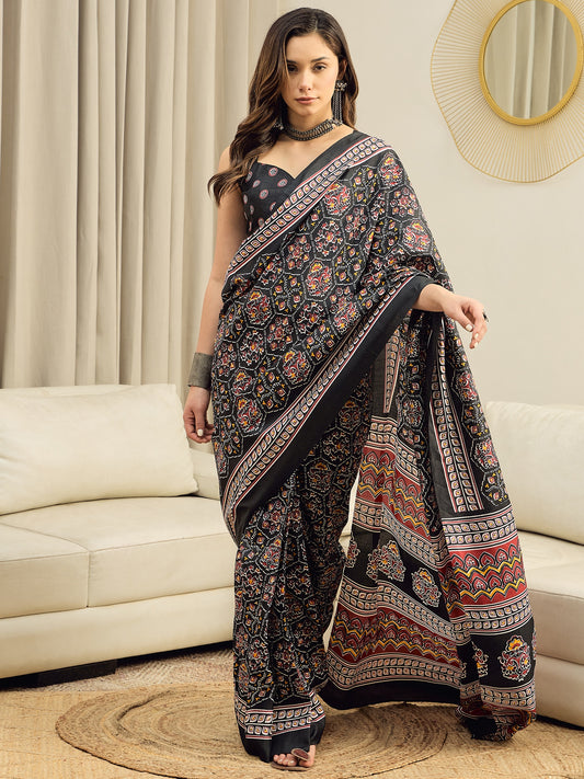 Ready to Wear Black Ajrakh Block Print Silk Saree