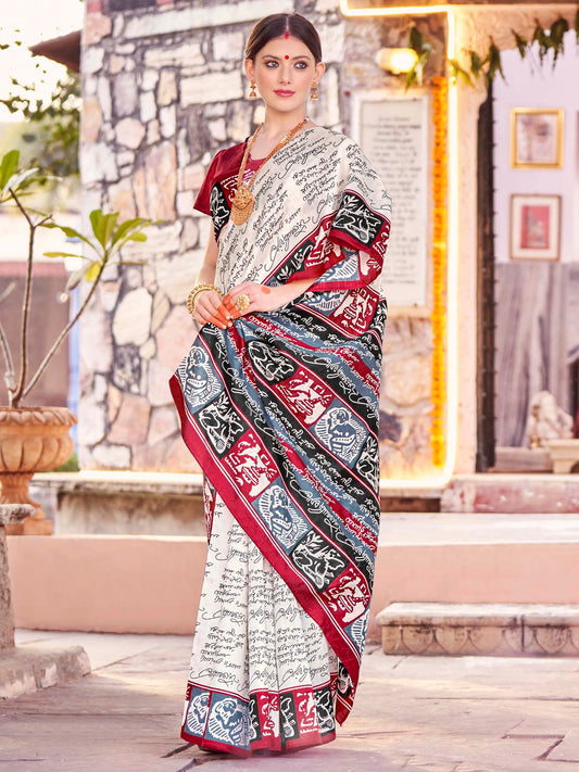 Ivory Silk Saree with Black Mantra Script Print