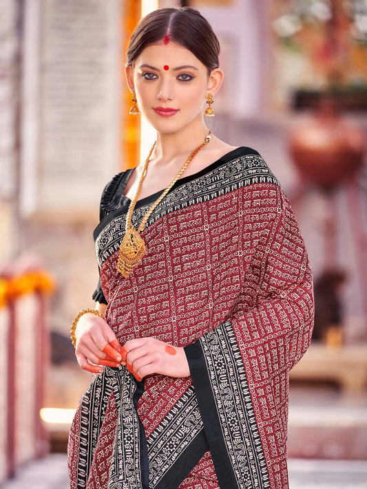 Crimson Silk Saree with Black Satin Border