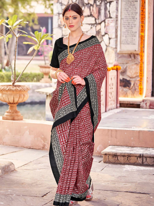 Crimson Silk Saree with Black Satin Border