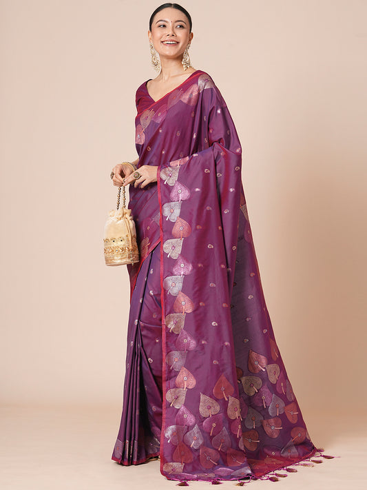 Purple Silk with Paan Booti Embroidery Saree