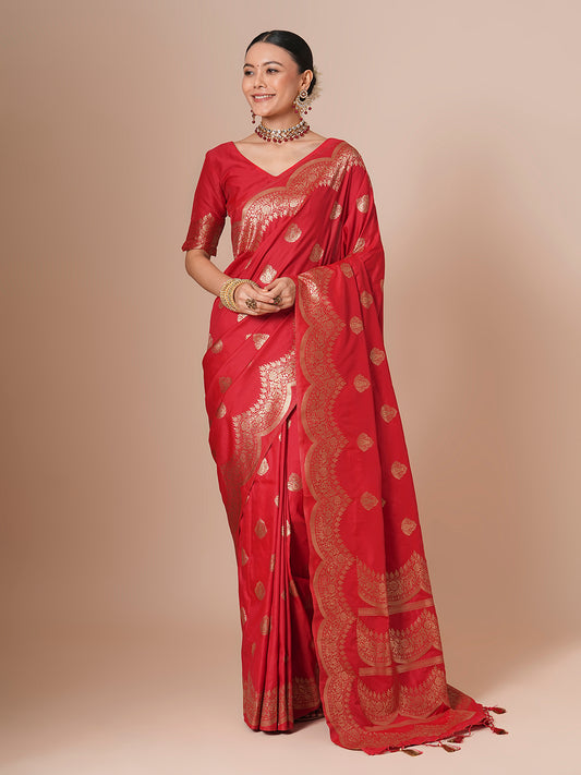 Deep Crimson Red Banarasi Pure Silk Saree