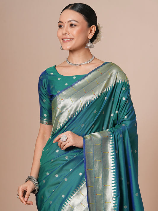 Teal Blue Silk Blend Heritage Banarasi Style Zari Woven Saree