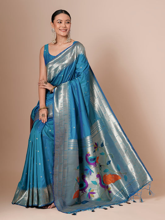 Peacock Blue Paithani Silk Saree