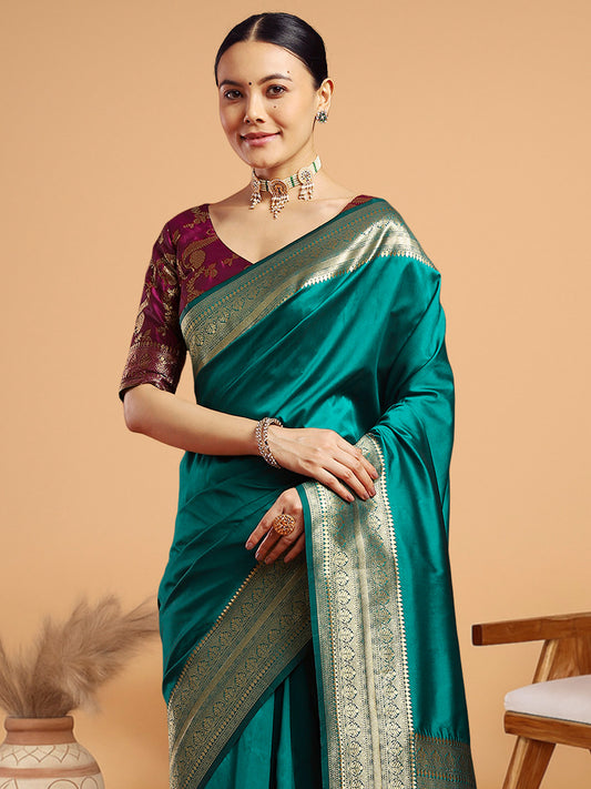 Banarasi Satin Silk Gold Zari Floral Weaving Zari Border Saree