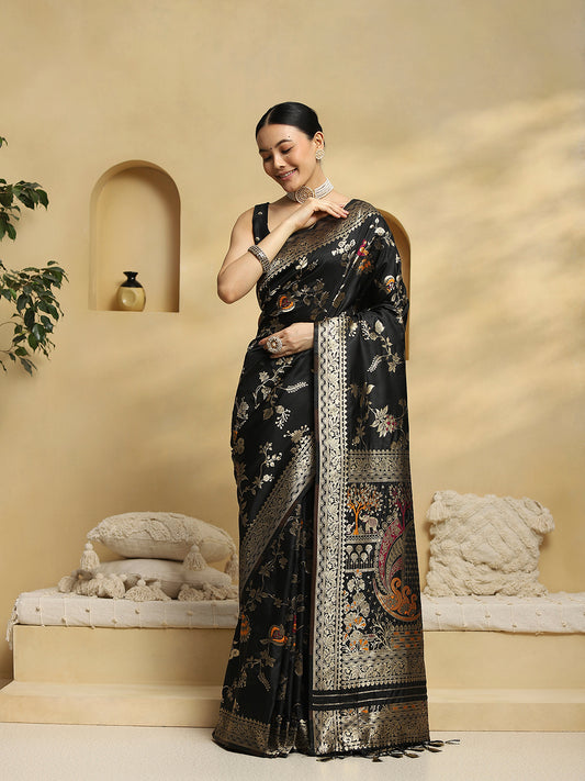 Black Banarasi Silk Saree with Meenakari Floral Weave