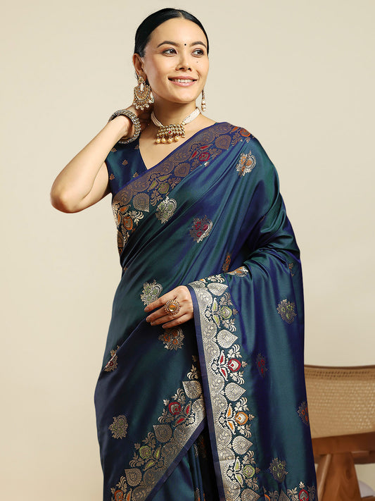 teal Blue Silk Banarasi with Meenakari Weave Saree