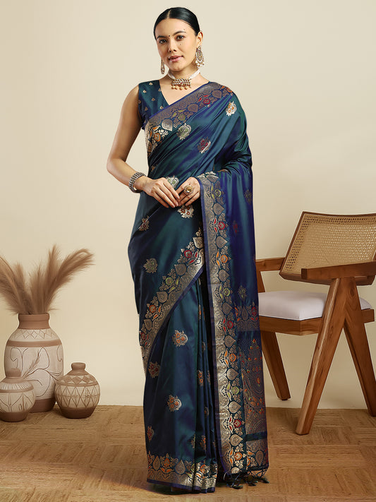 teal Blue Silk Banarasi with Meenakari Weave Saree