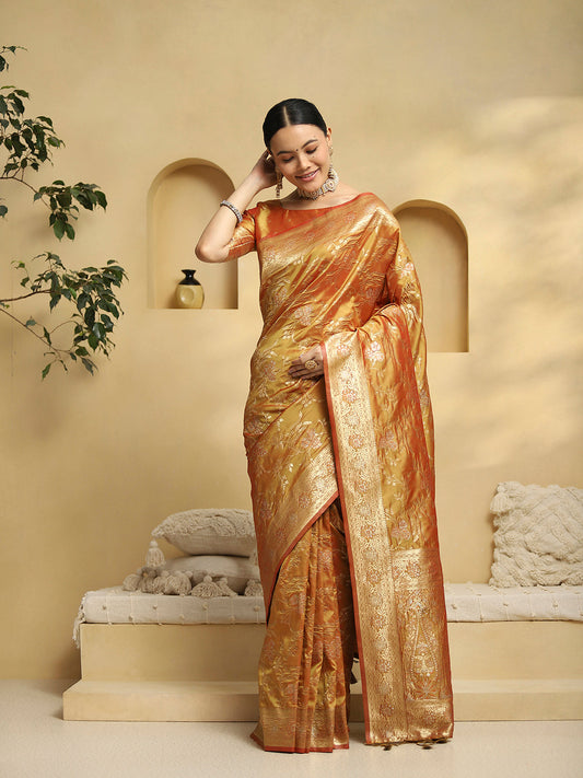 Gold Banarasi Silk with Zari Woven Floral Saree