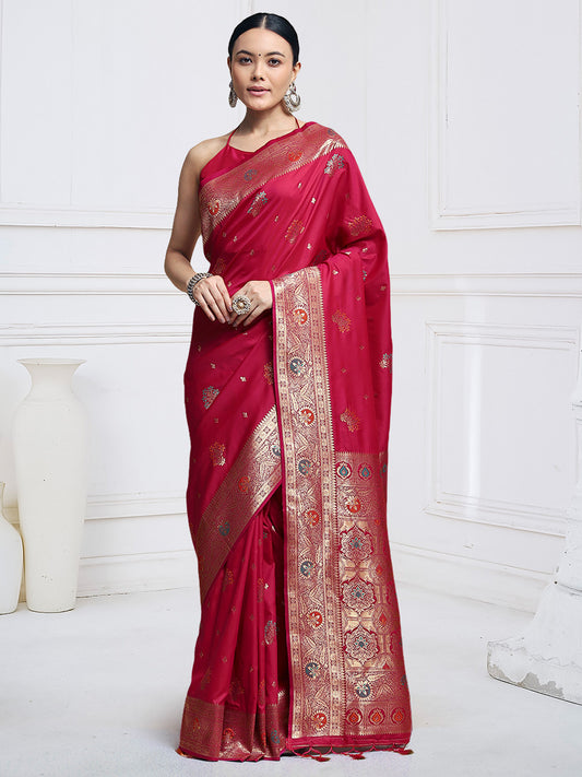 Crimson Silk Banarasi with Meenakari Weave Saree