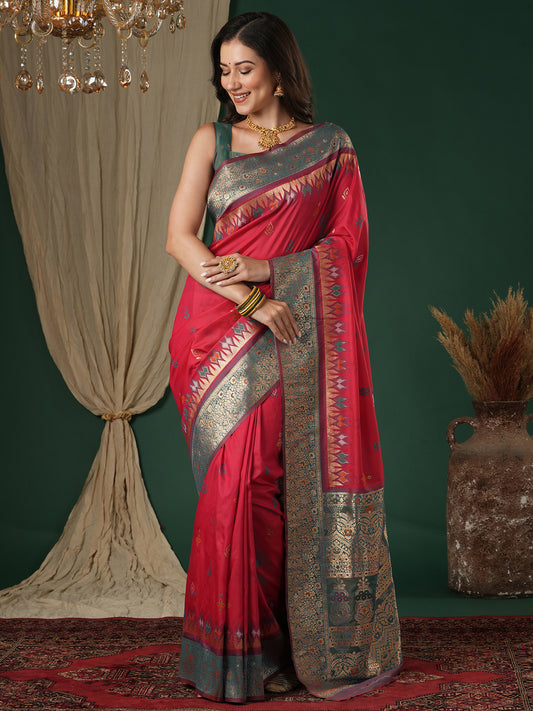 Pink Silk Saree with Zari Border