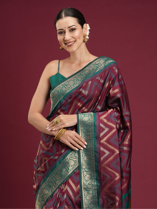 Wine & Teal Banarasi Silk Blend Saree