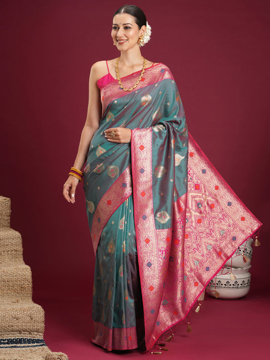 Sea Green Soft Silk Banarasi Saree