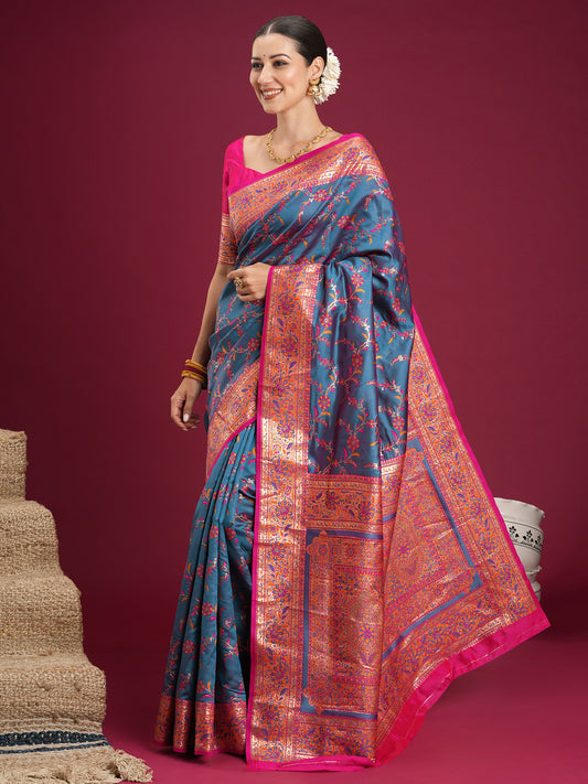 Blue Silk Saree with Floral Jaal