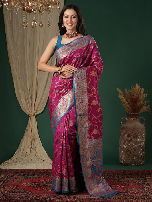 Magenta Silk Saree with Floral Jaal