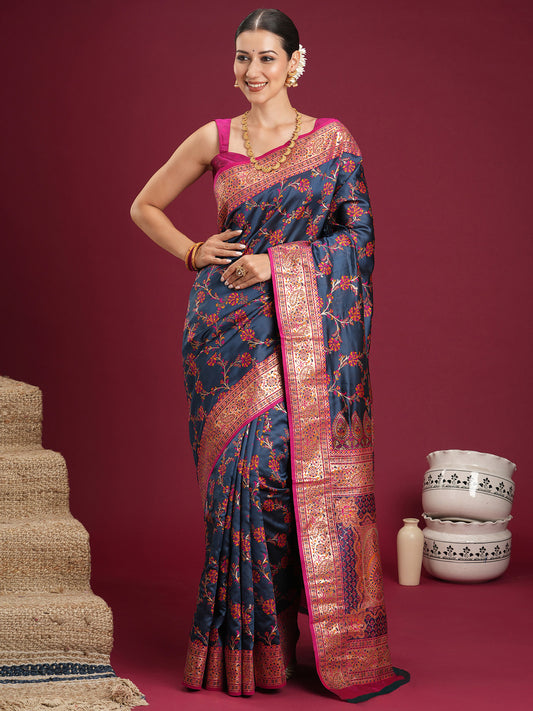 navy blue banarasi silk saree