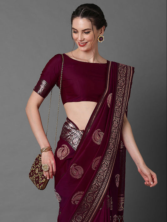 Deep Wine-Burgundy Banarasi Silk Saree