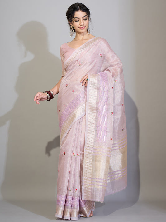 Baby Pink Tissue Silk Saree with Zari Stripes