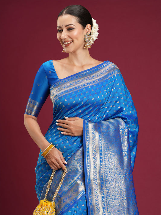 Blue Silk Saree with Geometric Butis
