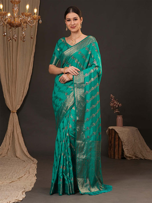 Teal Banarasi Silk Saree with Diagonal Zari Weave & Tassels