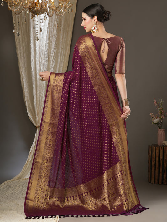 Wine Georgette Zari Woven Saree