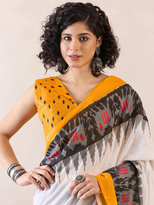 Ready to Wear Ivory & Marigold Yellow Cotton Ikat Saree