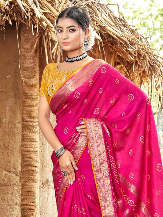 Pink Tussar Silk Bhandani Saree With Zari Woven Border
