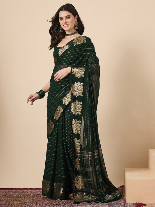 Dark Green Georgette Zari Saree with Banarasi Buta